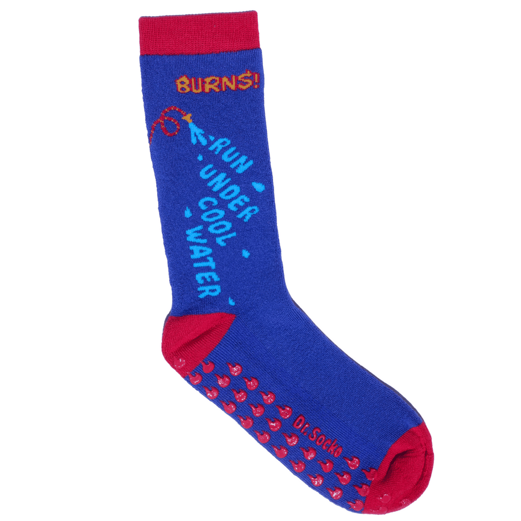 Design view of 'BURNS! Run Under Cool Water' funny grippy sock.