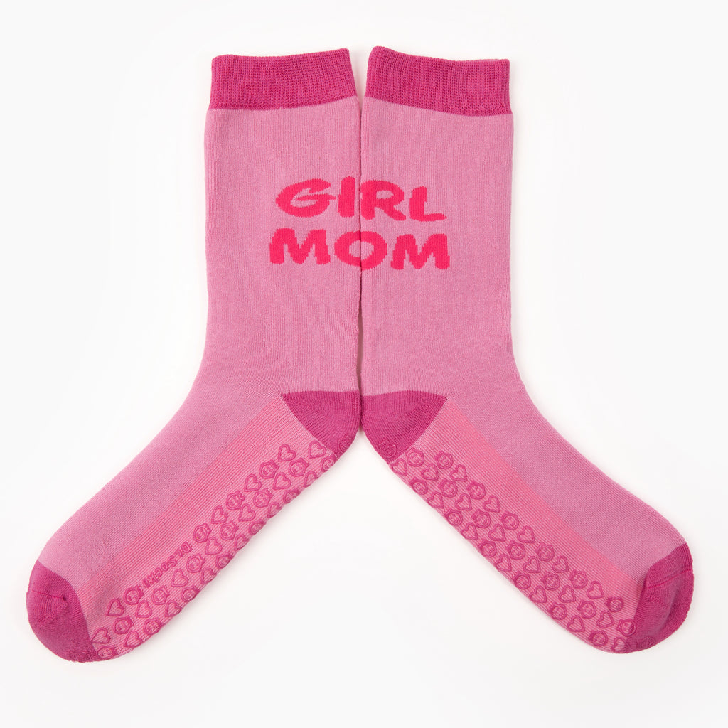 Girl mom grippy sock in pink, perfect gift for new mom, essential for hospital bag or mommy bag.
