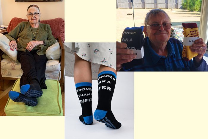 Senior elderly fall risk patients wearing hospital socks 