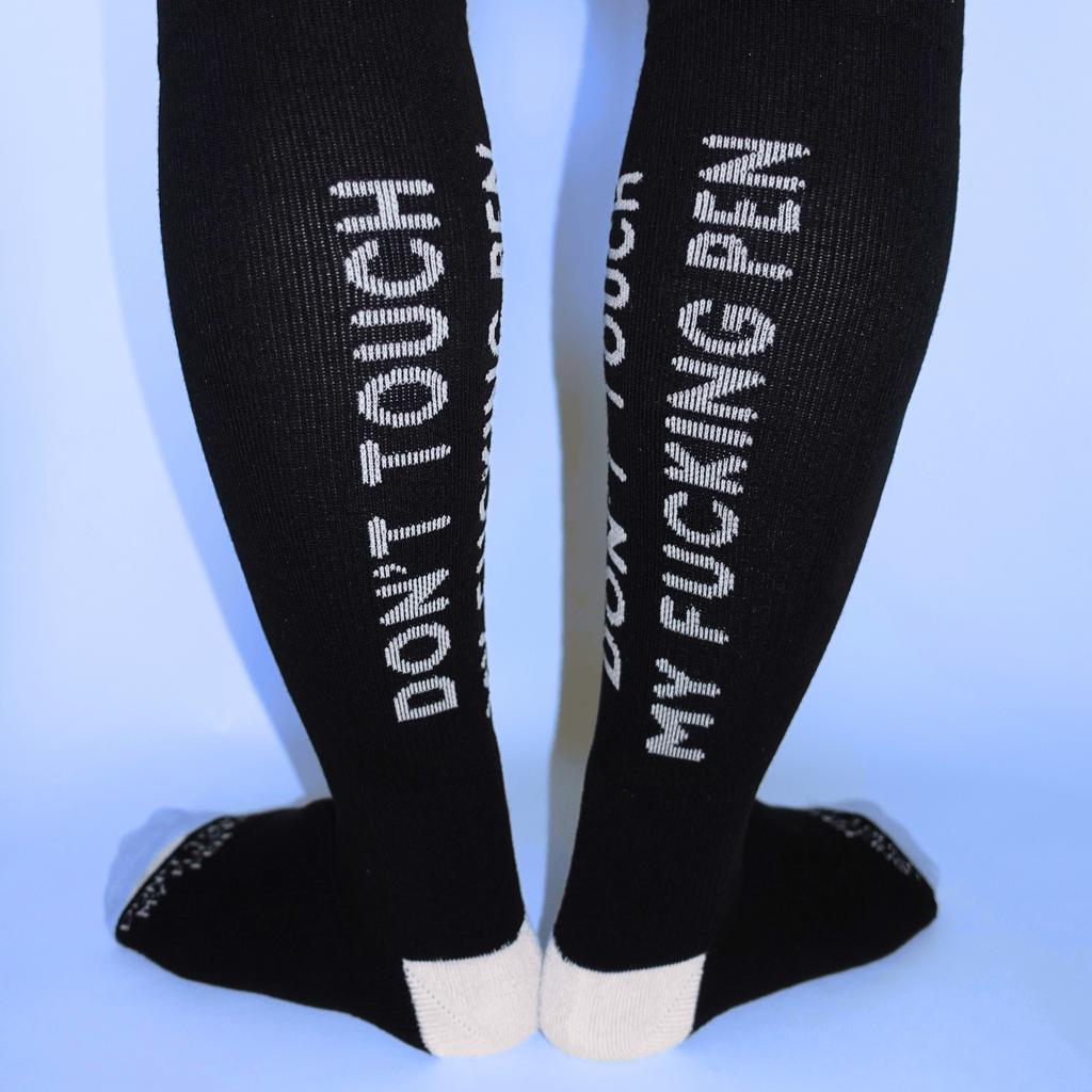 funny compression socks for nurses don't touch my pen black and grey