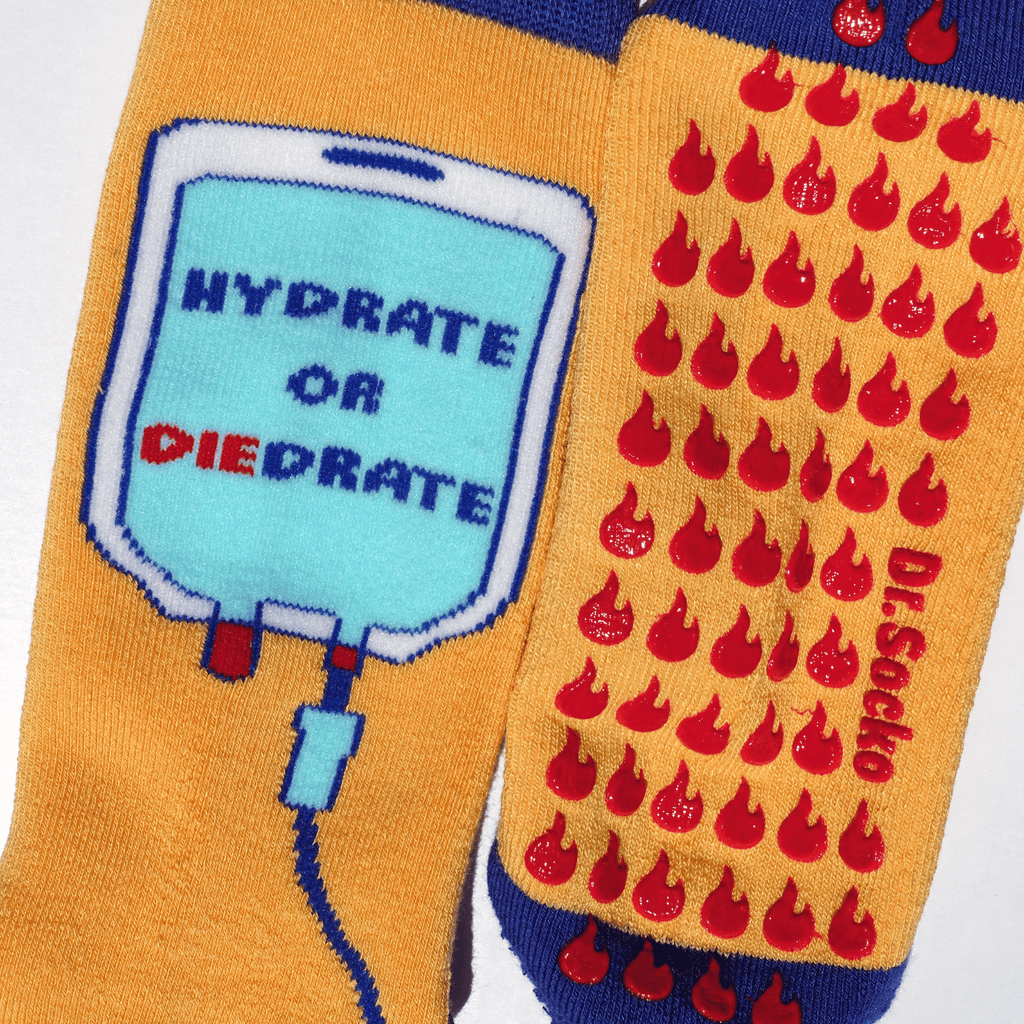 Close-up of the 'Hydrate or diedrate' text on funny hospital sock.