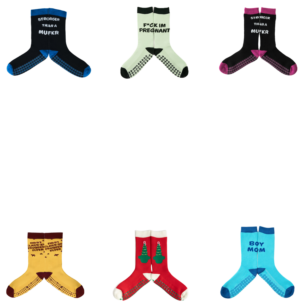 Header image showcasing a diverse collection of Dr. Socko's hospital grip socks in various designs and colors, highlighting the brand's commitment to style and safety.