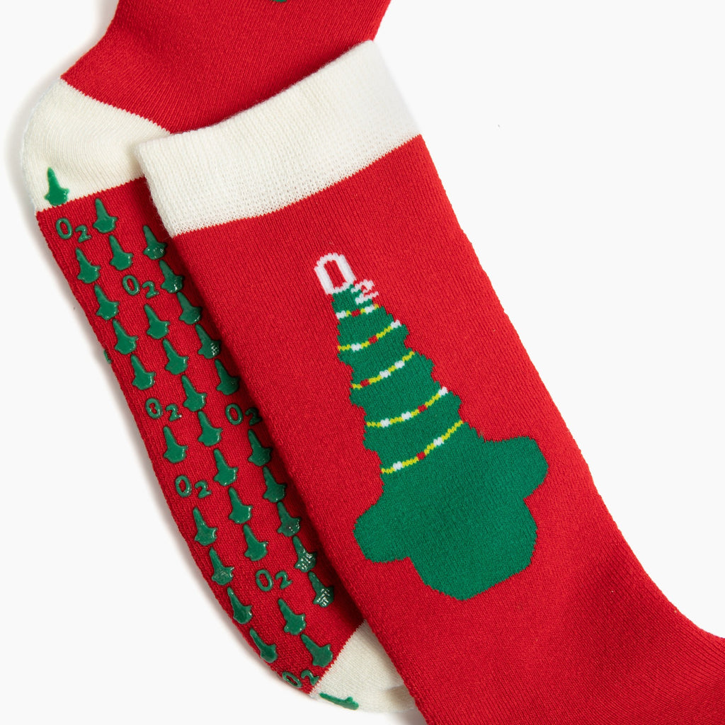 Close-up of the grip design featuring the O2 Oxygen Tree on the hospital grippy sock