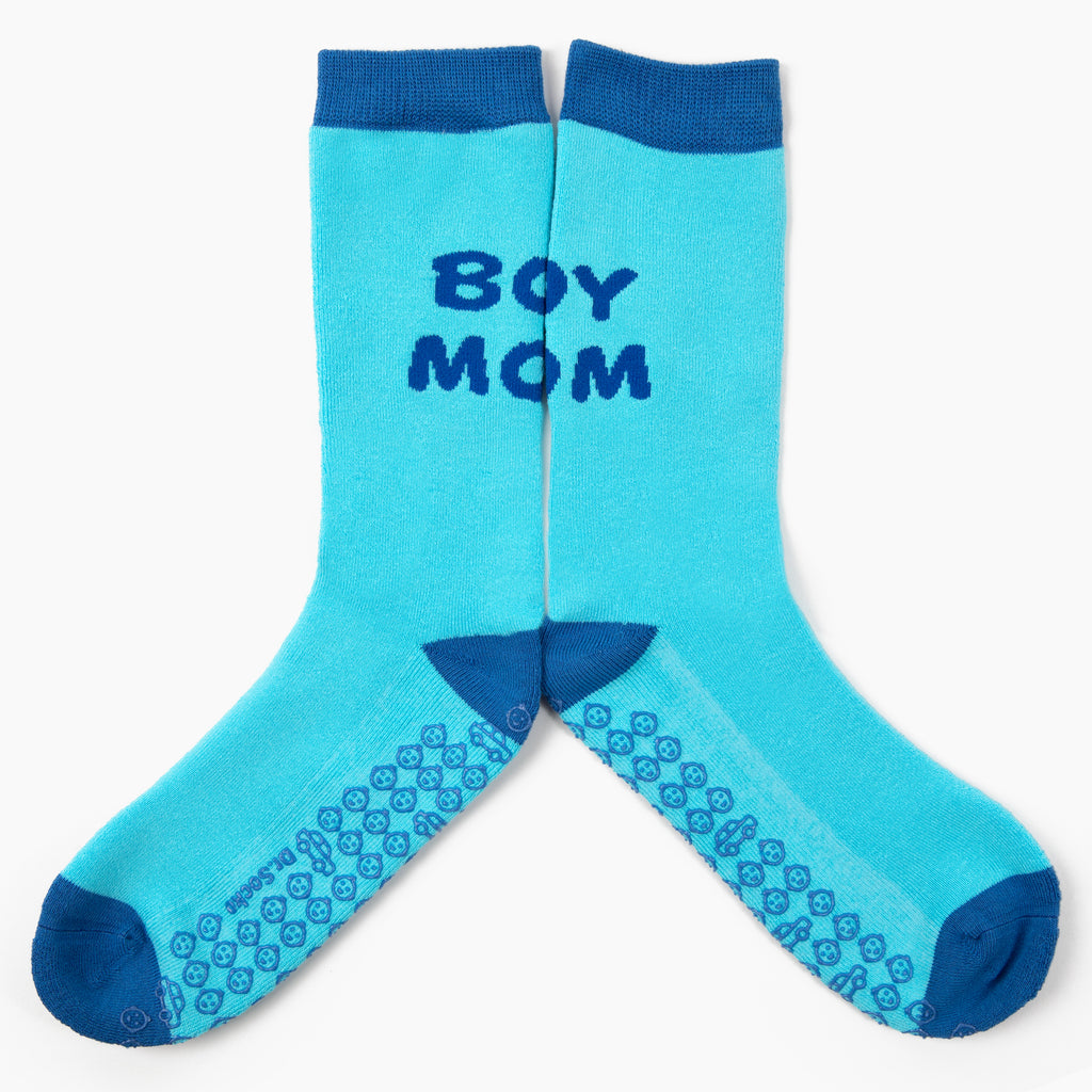 Boy mom grippy sock in blue, perfect gift for new mom, essential for hospital bag or mommy bag