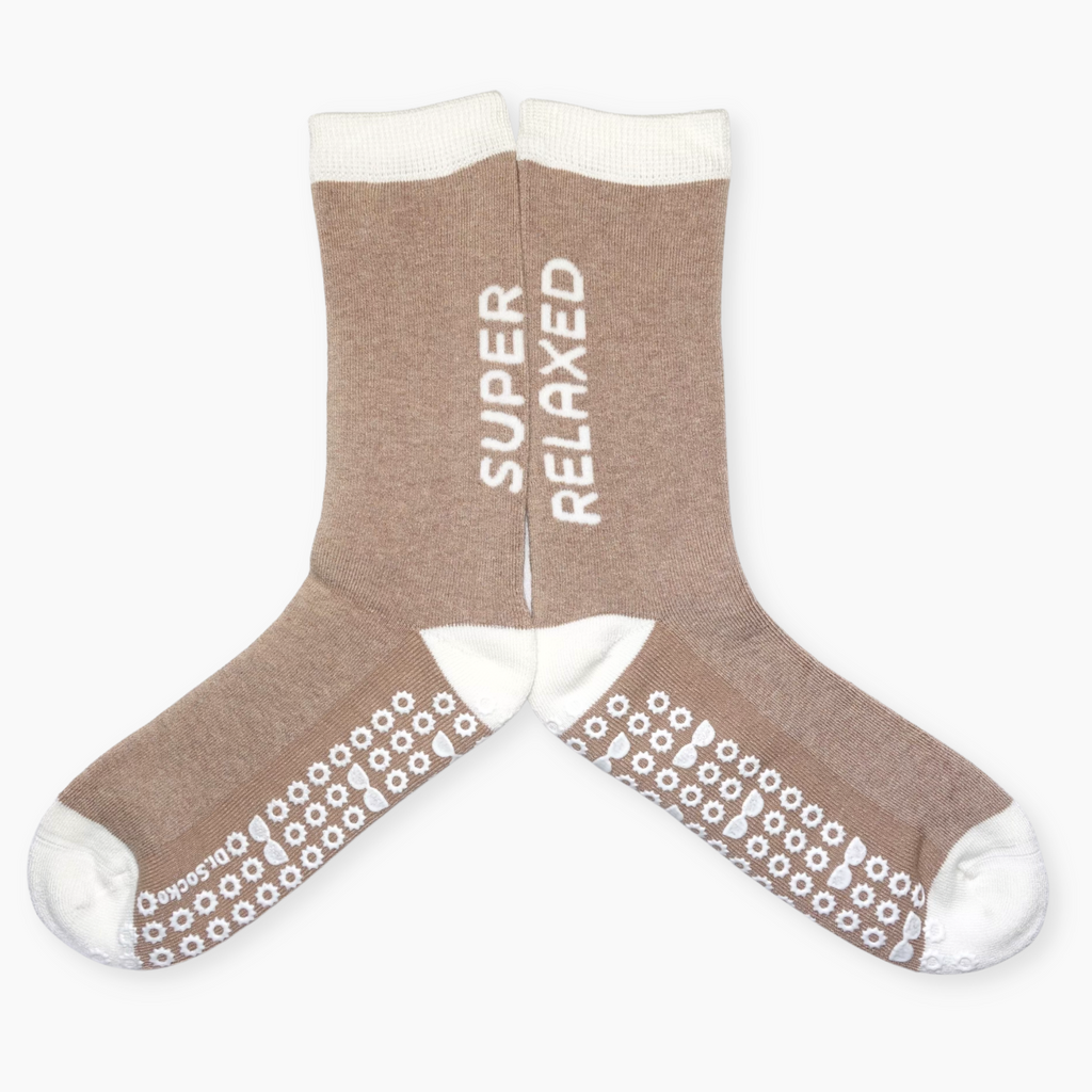 Complete display of 'Super Relaxed' funny grippy sock.