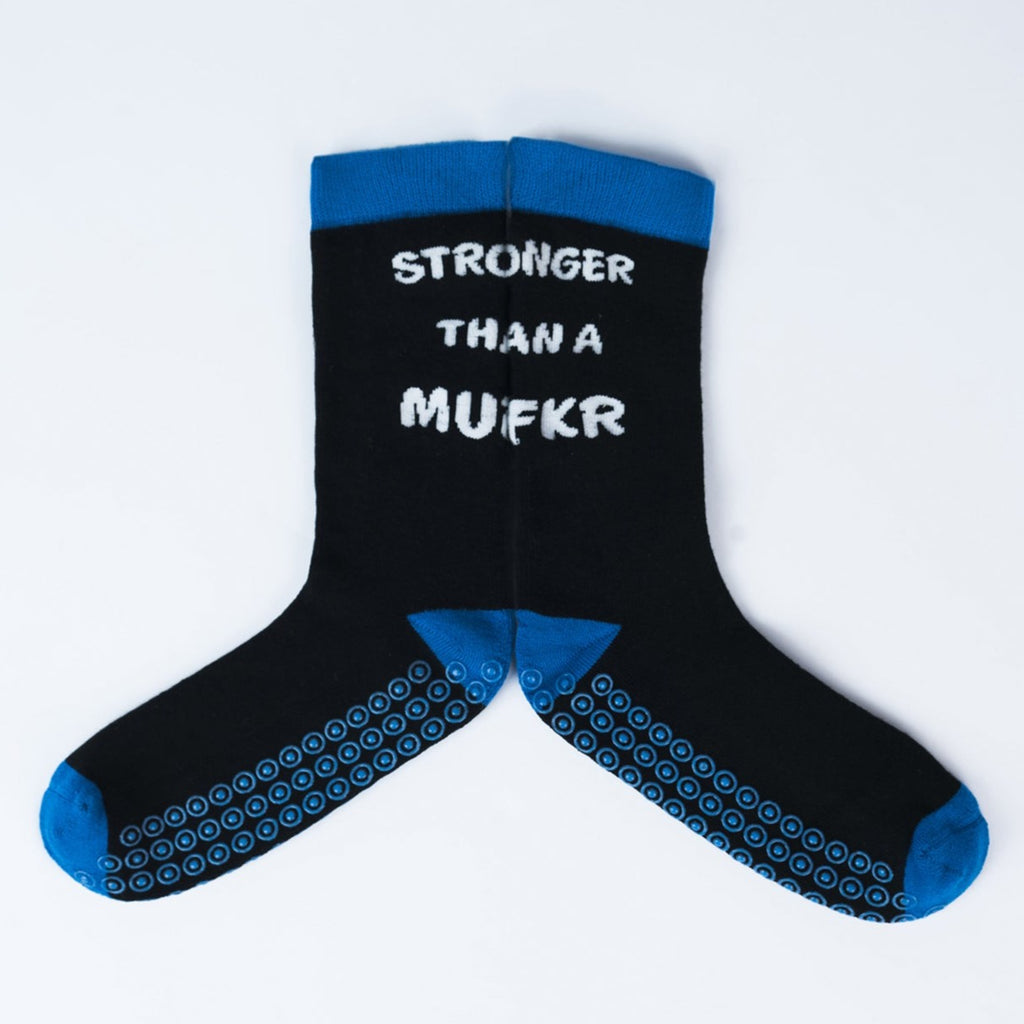 Blue funny grippy socks with 'stronger than a mufkr' text, perfect as a hospital gift